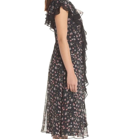 Sam Edelman Black Floral V-Neck Ruffled Midi Dress Size 4 - Picture 12 of 16